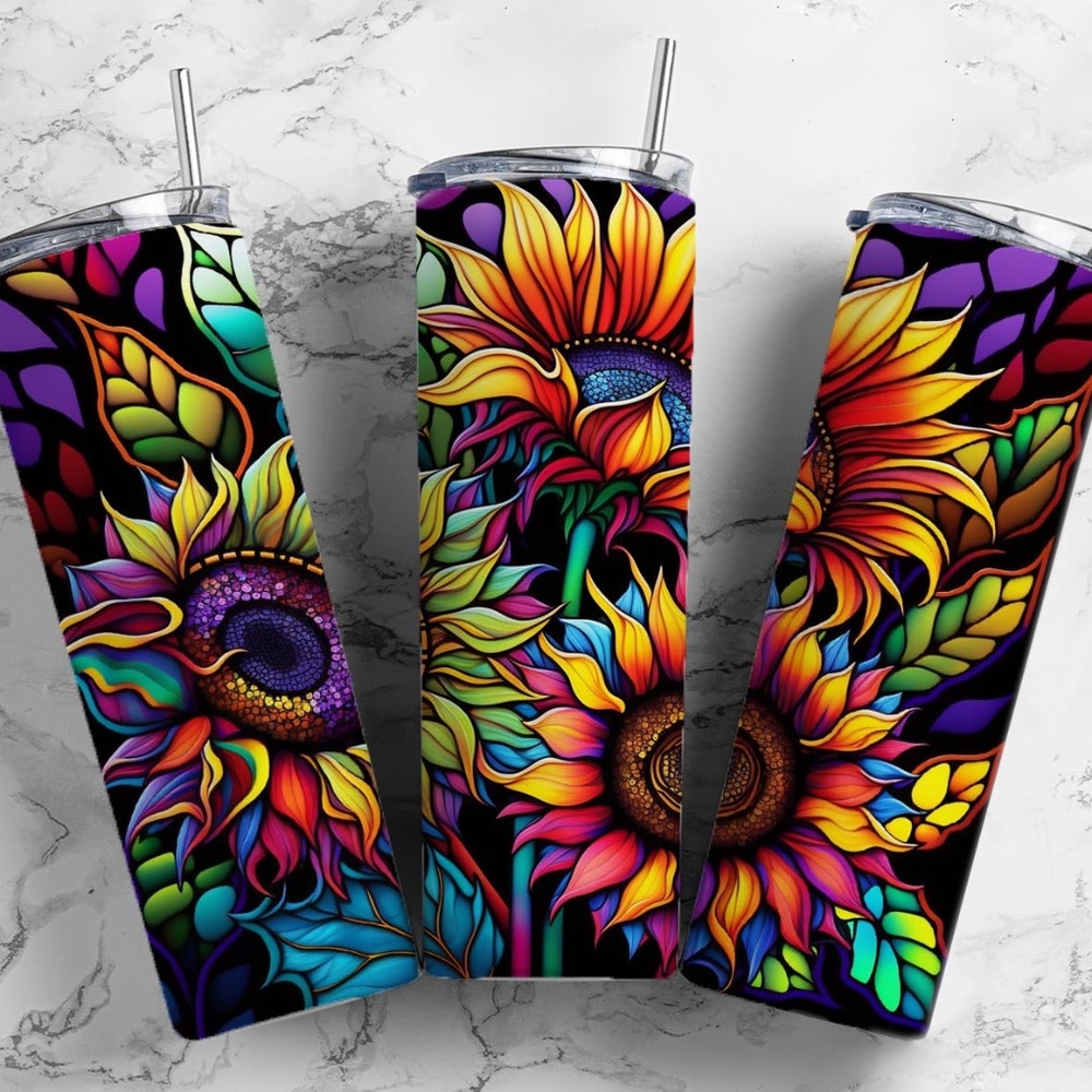 Handmade Large colorful Sunflowers on a 20 oz Straight Tumbler with Straw